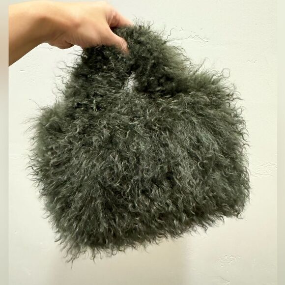 Olive Green Handmade Genuine Curly Shearling Top Handles Bag/Crossbody - Picture 3 of 16